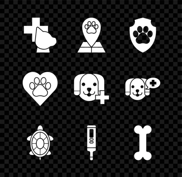 Set Symbole de clinique vétérinaire, Pointeur de carte avec hôpital de médecine vétérinaire, Assurance santé animale, Tortue, Thermomètre numérique médical, Os de chien, Empreinte et icône des animaux cardiaques. Vecteur — Image vectorielle