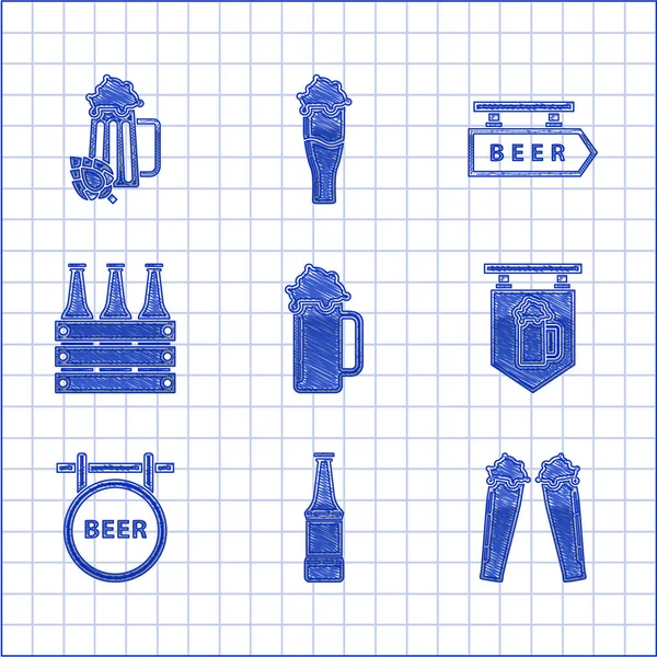 Set Glass of beer, Beer bottle, Street signboard with glass, inscription, Pack bottles, and and hop icon. Vector — Stockvector