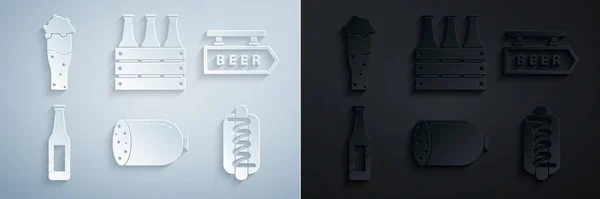 Set Salami Wurst, Straßenschild mit der Aufschrift Bier, Flasche, Hotdog Sandwich Senf, Packung Bierflaschen und Glas-Symbol. Vektor — Stockvektor