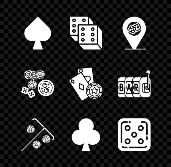 Set Playing card with spades symbol, Game dice, Casino location, Stick for chips, clubs, game and glass of whiskey cubes and playing cards icon. Vector — Stock Vector