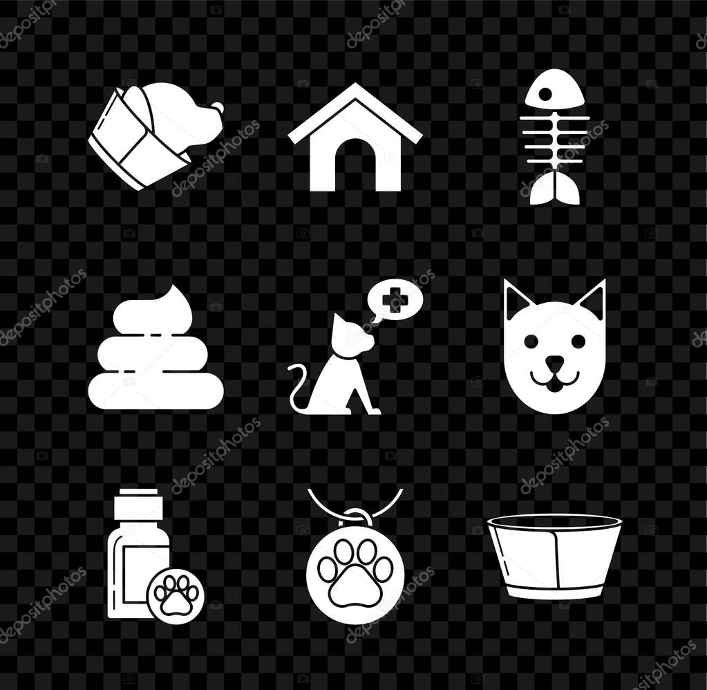 Set Veterinary clinic symbol, Dog house, Fish skeleton, medicine bottle, Collar with name tag, Protective cone collar, Shit and icon. Vector