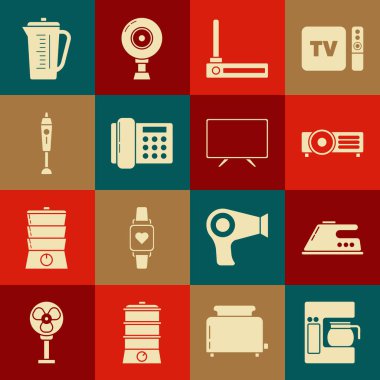 Kahve makinesini cam demlik, elektrikli ütü, Router ve wi-fi sinyali, telefon, blender, Ölçme kabı ve Akıllı TV ikonu ile ayarla. Vektör