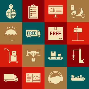 Kargo gemisini kutu dağıtım hizmeti, liman vinci, açık posta, bilgisayar monitörü uygulama izleme, Free, Umbrella ve yağmur damlaları ve karton ücretsiz sembol simgesi ile ayarla. Vektör