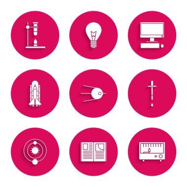 Uydu, Açık Kitap, Elektrik Ölçüm Cihazları, Pipette, Güneş Sistemi, Uzay mekiği ve roketleri ayarla, Klavye fareli bilgisayar monitörü ve cam tüp ısıtıcı ikonu. Vektör