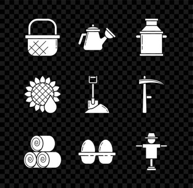 Alış veriş sepeti, su kovası süt için konteynır, saman rulosu, tavuk yumurtası kutusu, korkuluk, ayçiçeği ve toprak ikonu. Vektör