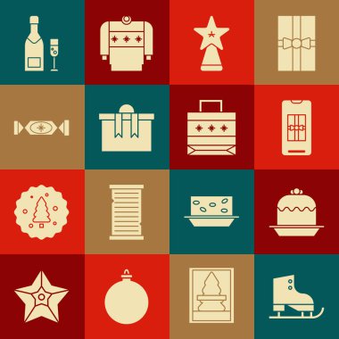 Artistik patenler, Kek, hediye kutulu akıllı telefon, Noel yıldızı, Hediye, Şeker, Şampanya şişesi şampanya şişesi ve kağıt poşet ikonu. Vektör