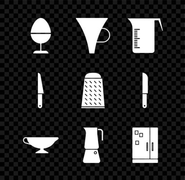 Kürsüye tavuk yumurtası, huni ya da filtre, ölçü kabı, sos kabı, Moka tenceresi, buzdolabı, bıçak ve ızgara ikonu koyun. Vektör