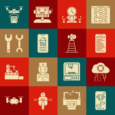 Set Bot, İnternet, Bilgisayar Ağı arayüzü, Robot ve Dijital Zaman Yöneticisi, Akıllı Ev, Spanner, Drone dağıtım konsepti ve Anten simgesi. Vektör