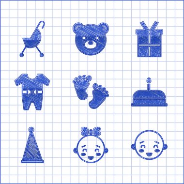 Bebek ayak izleri, mutlu küçük kız kafası, yanan mumlu pasta, parti şapkası, elbiseler, hediye kutusu ve bebek arabası ikonu. Vektör