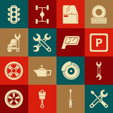 Tornavida ve ingiliz anahtarı, İngiliz anahtarı, İngiliz anahtarı, park yeri, araba kapısı, servis, trafik ışığı ve ayna simgesi. Vektör