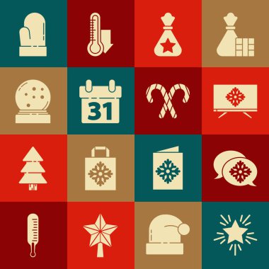 Noel yıldızı, konuşma baloncuklu kar tanesi, televizyonda Merry, Noel Baba çantası hediyesi, takvim, kar küresi düşen kar, eldiven ve şeker kamışı çizgili simge. Vektör
