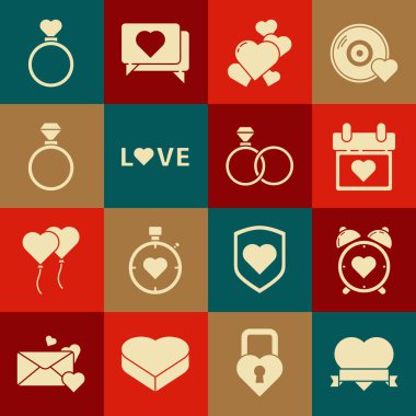 Kalp ve kurdele, ortadaki çalar saat, kalp takvimi, aşk mesajı, alyans ve ikon. Vektör