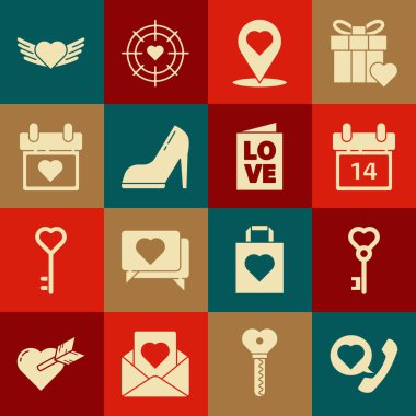 Kalp konuşma balonlu telefon, formda anahtar, Takvim 14 Şubat, harita işaretleyici, yüksek topuklu kadın ayakkabısı, Kalp kanatları ve Sevgililer Günü parti broşürü. Vektör