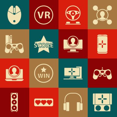 Taşınabilir oyun konsolu, Gamepad, Smartphone ve in, Racing simulator kokpit, Star, joystick, Bilgisayar fare oyunu ve hesap ekranı simgesi oluştur. Vektör