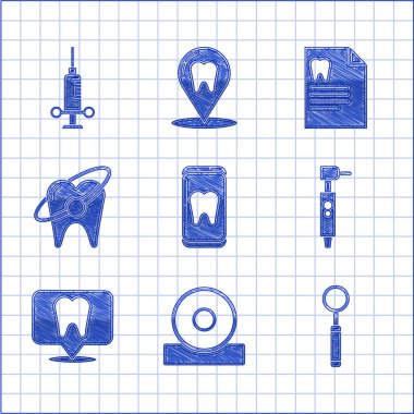 Çevrimiçi diş bakımı, Otolaryngological baş reflektörü, Diş Denetim aynası, Diş matkabı, klinik konumu, beyazlatma konsepti, kart ve tıbbi şırınga ikonlu pano. Vektör