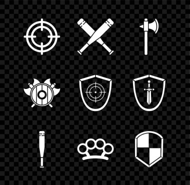 Hedef sporu, çapraz beyzbol sopası, ortaçağ baltası, beysbol, pirinç muşta, kalkan, çapraz balta ve ikon. Vektör