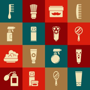 Krem veya losyon kozmetik tüpü, elektrikli saç kesme makinesi, el aynası, kavanoz tıraş jölesi köpüğü, saç fırçası şişesi ve erkek ikonu için tıraş bıçağı. Vektör