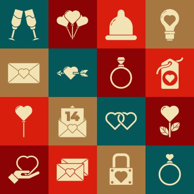 Set alyansları, Heart çiçek, etiket, prezervatif, oklu Amour, Zarf Sevgililer Günü, şampanya kadehi ve elmas nişan ikonu. Vektör