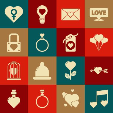 Müzik notası, kalp tonu, aşk ve ok, balon şeklinde zarf, sevgililer günü, alyans, kilit, kalp, kadın cinsiyeti ve etiket ikonu. Vektör