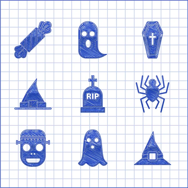 Set Tombstone with RIP, Ghost, Witch hat, Spider, Zombie mask, Coffin christian cross and Candy icon. Vector — Wektor stockowy