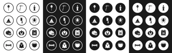 Set Burning candle, Meat chopper, Witch hat, Lollipop, Spider, Scythe, Calendar with Halloween date 31 october and Pumpkin skull icon. Vector — Stock vektor