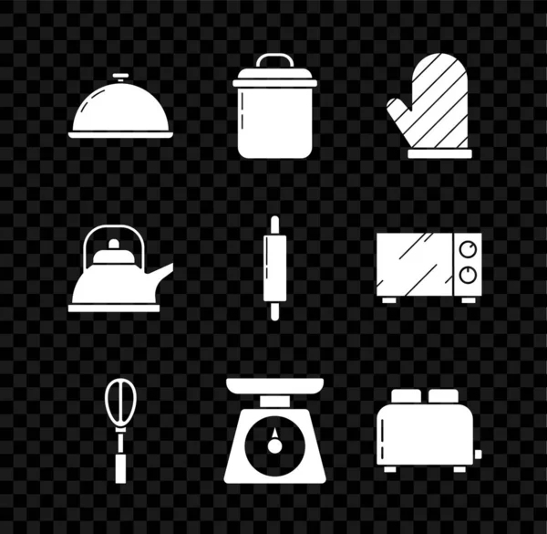 食品、調理ポット、オーブン手袋、キッチン泡立て器、スケール、トースタートースト、ケトルハンドル、ローリングピンアイコンのトレイで覆われて設定します。ベクトル — ストックベクタ