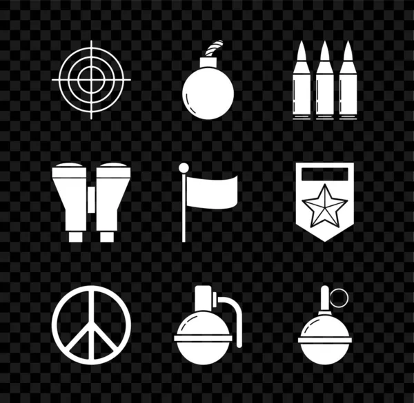 Set Target sport for shooting competition, Bomb ready to explode, Bullet, Peace, Hand grenade, Binoculars and Flag icon. Vector — Stock vektor