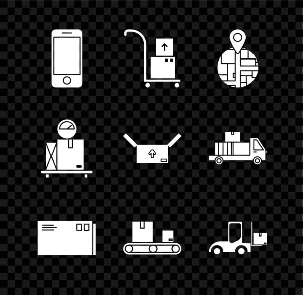 Set Mobiltelefon mit App-Lieferung Tracking, Hand-LKW und Boxen,, Umschlag, Förderband Karton, Gabelstapler, Waage und Karton Verkehrssymbol Symbol. Vektor — Stockvektor