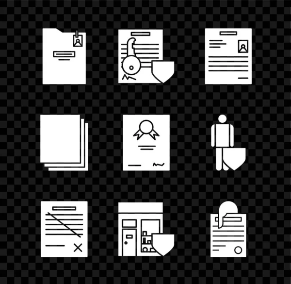 Personal folder, Document with key with shield, document, Delete file, Shopping building, File and paper clip, clean and Certificate template icon. Vector — 스톡 벡터