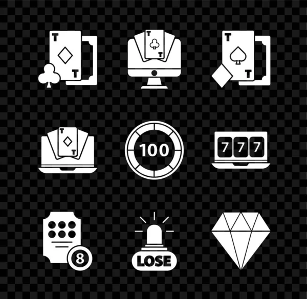 Set Kártyázás gyémántokkal, Online póker asztali játék, pikk, nyerőgép, Kaszinó vesztes, Diamond, és zseton ikon. Vektor — Stock Vector