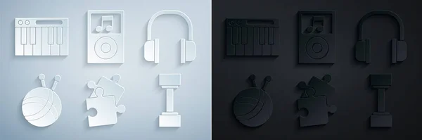 Set Pieza de rompecabezas, auriculares, bola de hilo con agujas de punto, mancuerna, reproductor de música y sintetizador icono. Vector — Vector de stock