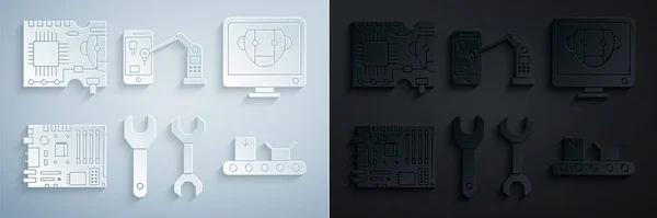 Set Spanner, Bot, Elektronikus számítógép alkatrészek alaplap digitális chip, szállítószalag kartondobozzal, Ipari gép robot kar kéz és nyomtatott áramkör PCB ikon. Vektor — Stock Vector