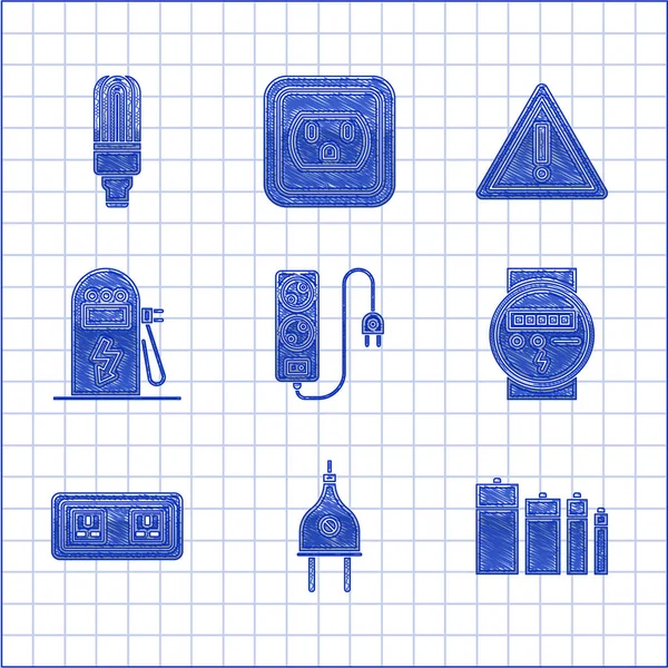 Set Electric extension cord, plug, Battery, meter, Electrical outlet, car charging station, Exclamation mark triangle and LED light bulb icon. Vector — Stockvector