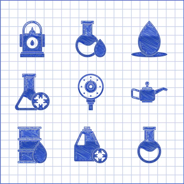 Impostare il calibro del gas del motore, il contenitore antigelo, la provetta e il pallone, il contenitore per olio della macchina motore, il barile, il test, la goccia d'olio e l'icona del distributore di benzina. Vettore — Vettoriale Stock