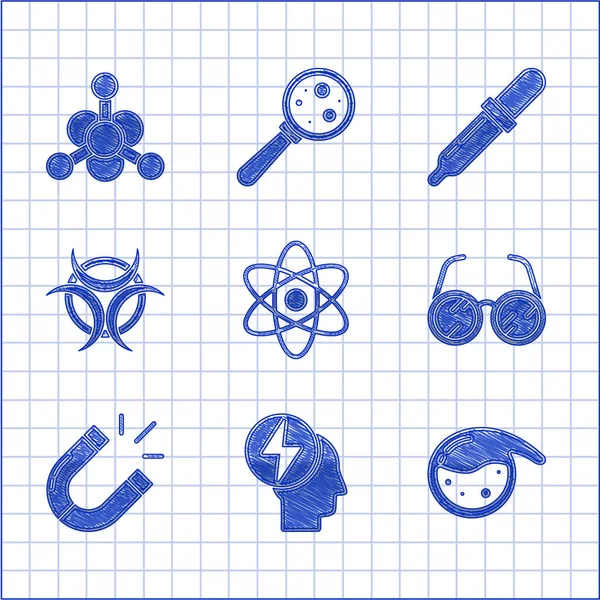 Ορισμός Atom, επικεφαλής και ηλεκτρικό σύμβολο, δοκιμαστικό σωλήνα φιάλη χημική, ποτήρια εργαστήριο, μαγνήτη, Biohazard, σιφώνιο και βακτηρίδια εικονίδιο. Διάνυσμα — Διανυσματικό Αρχείο