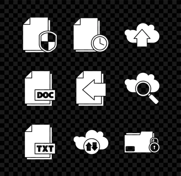 Définir le concept de protection des documents, avec horloge, Cloud upload, document de fichier TXT, télécharger et, Dossier, DOC et Next page flèche icône. Vecteur — Image vectorielle