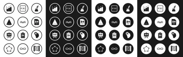 Set Feder und Tintenfass, Offenes Buch, Geometrische Figur Kegel, Graph, Zeitplan, Diagramm, Test- oder Prüfungsblatt, Funktion mathematisches Symbol, Berechnung und Tafel-Symbol. Vektor — Stockvektor
