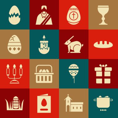 Sıcak yumurta, hediye paketi, ekmek, Paskalya yumurtası, yanan mum, çatlamış, kırılmış ve tavşan ikonu. Vektör