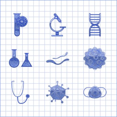 Ebola virüsü hastalığı, virüs, tıbbi koruyucu maske, steteskop, test tüpü ve matara, DNA sembolü ve ikon. Vektör