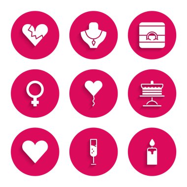 Balonu kalp şeklinde ayarla, cam şampanya, yanan mum, kek tabağı, kalp, kadın cinsiyet sembolü, alyans ve kırık boşanma ikonu. Vektör