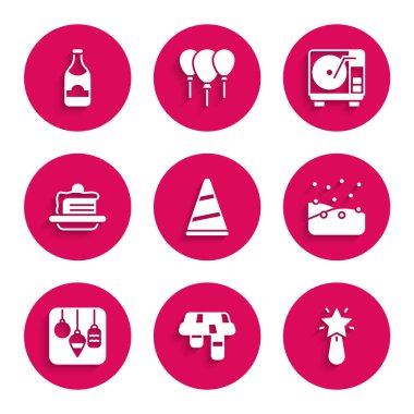 Parti şapkası, eşarp, Noel yıldızı, Kartopu, ışıklar, pasta, vinil diskli vinil çalar ve şampanya şişesi ikonu. Vektör