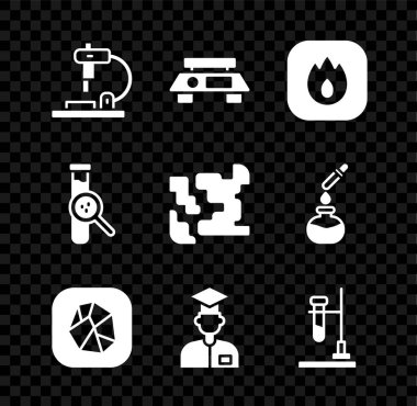 Mikroskop, Elektronik teraziler, Alev Alevi, Tuz Taşı, Laboratuvar Asistanı, Test tüpü ateşi ve Gaz ikonu. Vektör