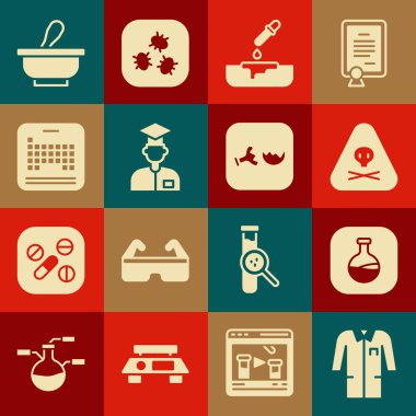 Laboratuvar üniforması, test tüpü ve matarası, üçgen uyarı toksik, pipetli Petri kabı, asistan, periyodik tablo, havan topu ve kırık ikon. Vektör