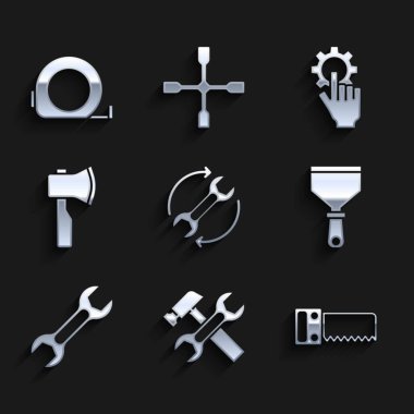 Tel ve okları iş akışı olarak ayarla, Hammer anahtarı, el testeresi, macun bıçağı, anahtar, tahta balta, elde ayarlar ve rulet inşaat ikonu. Vektör