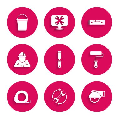 Rasp metal dosyası, Wrench ve oklar iş akışı, elektrikli daire testeresi, boya fırçası, rulet inşaatı, inşaatçı, inşaat balonu seviyesi ve kova simgesi ayarla. Vektör