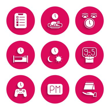 Zamana göre gündüz ve gece ayarla, Takvim, 9 'dan itibaren, Uyuma, Saat ve Yapılacaklar listesi veya planlama simgesi zamanı. Vektör