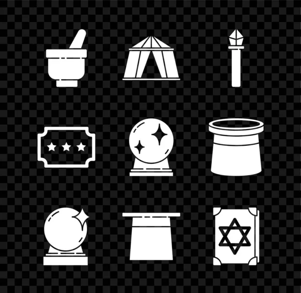 마법의 모르타르와 페슬 , Circus tent, staff, ball, Magician hat, Ancient magic book, Ticket and icon. Vector — 스톡 벡터