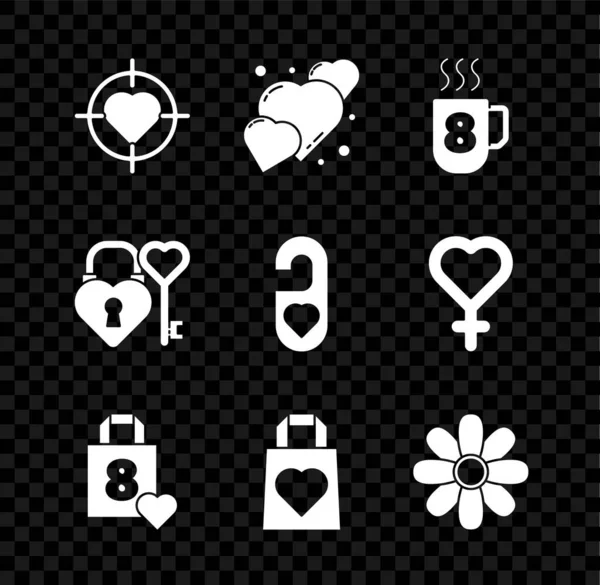 Set Heart in the center of target aim, Coffee cup with 8 March, Shopping bag heart, Flower, Castle and key shape and Please do not disturb icon. Vektor — Stock Vector