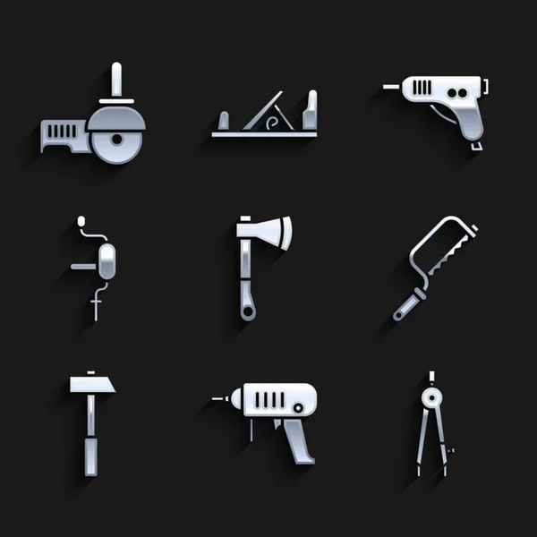 Set Holzbeil, elektrische Bohrmaschine, Zeichenzirkel, Hacksäge, Hammer, Hand, Heißklebepistole und Winkelschleifer-Symbol. Vektor — Stockvektor