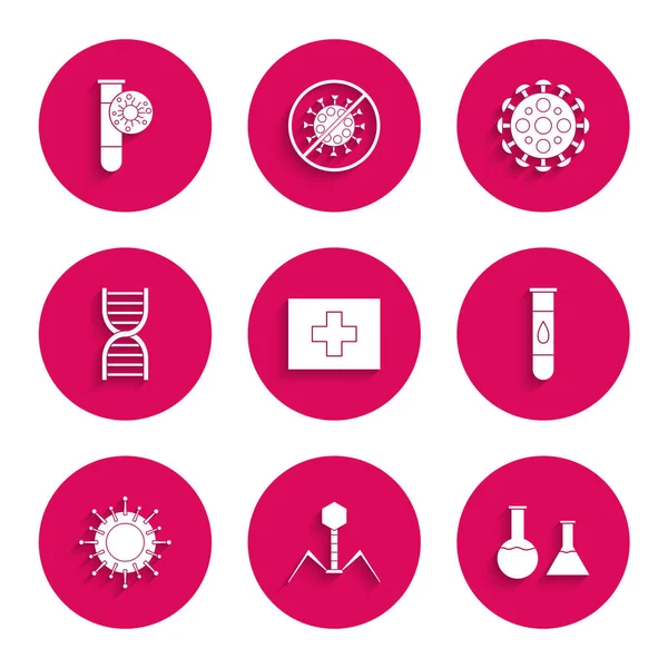 Ange Förbandslåda, Bakteriebakteriofage, Provrör och kolv, Blodtestvirus, Virus, DNA-symbol och med ikon. Vektor — Stock vektor